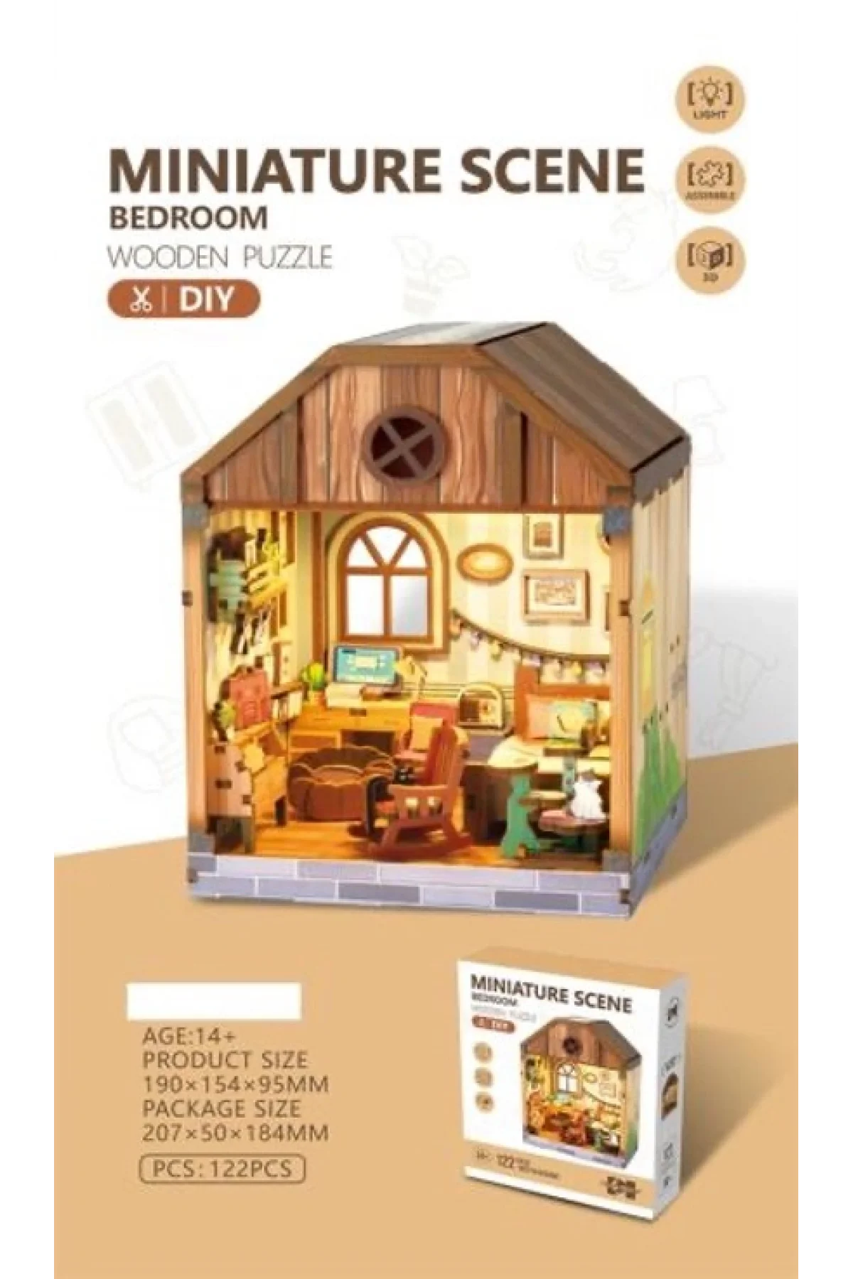 3D Puzzle Ahşap Minyatür Maket Kiti DIY Kendin Yap Yatak Odası Işıklı 122 Parça