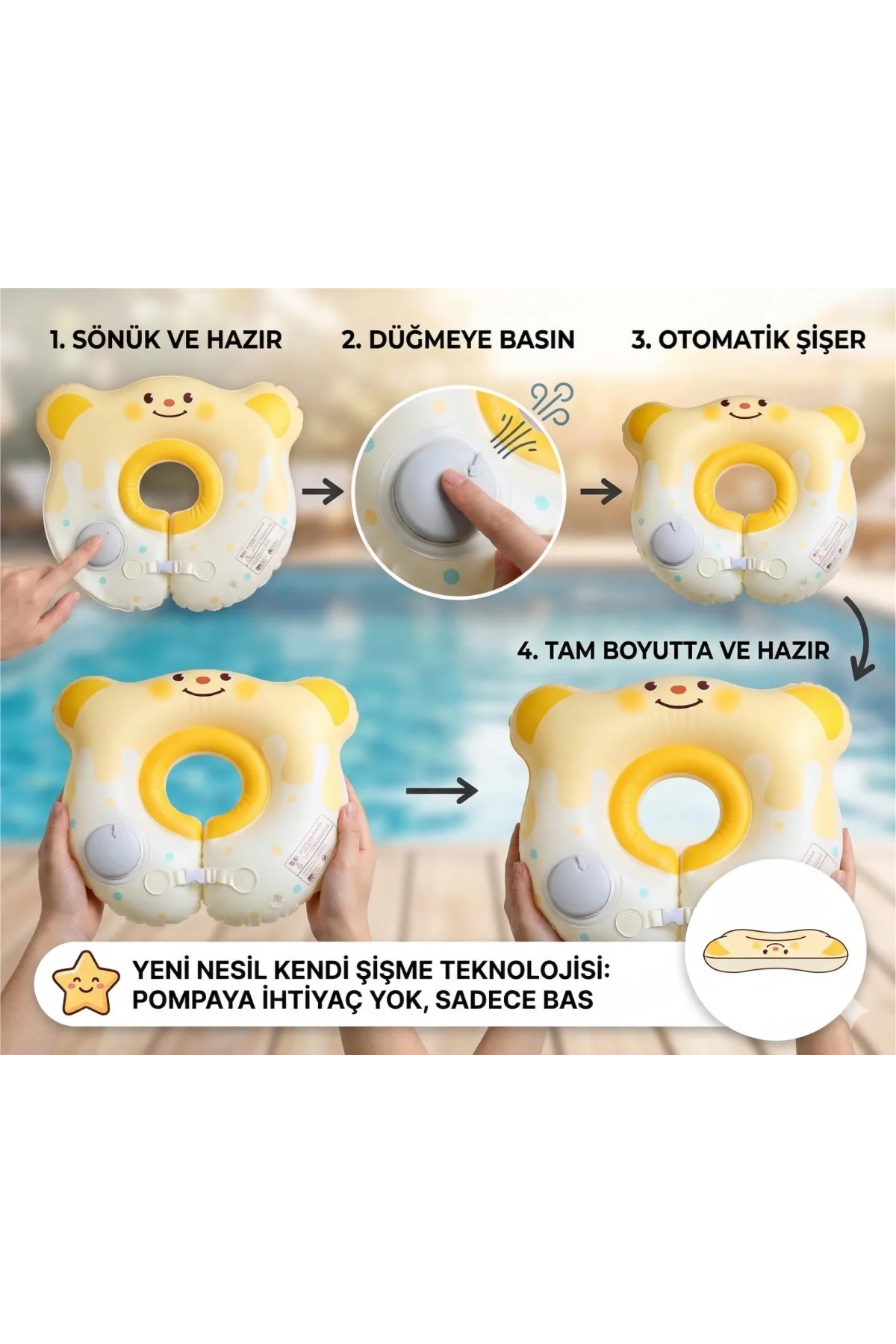 Bebek Boyunluk Can Simidi - Şişme Ayıcık Sarı - 0-18 Ay Güvenli Yüzme Yardımcısı