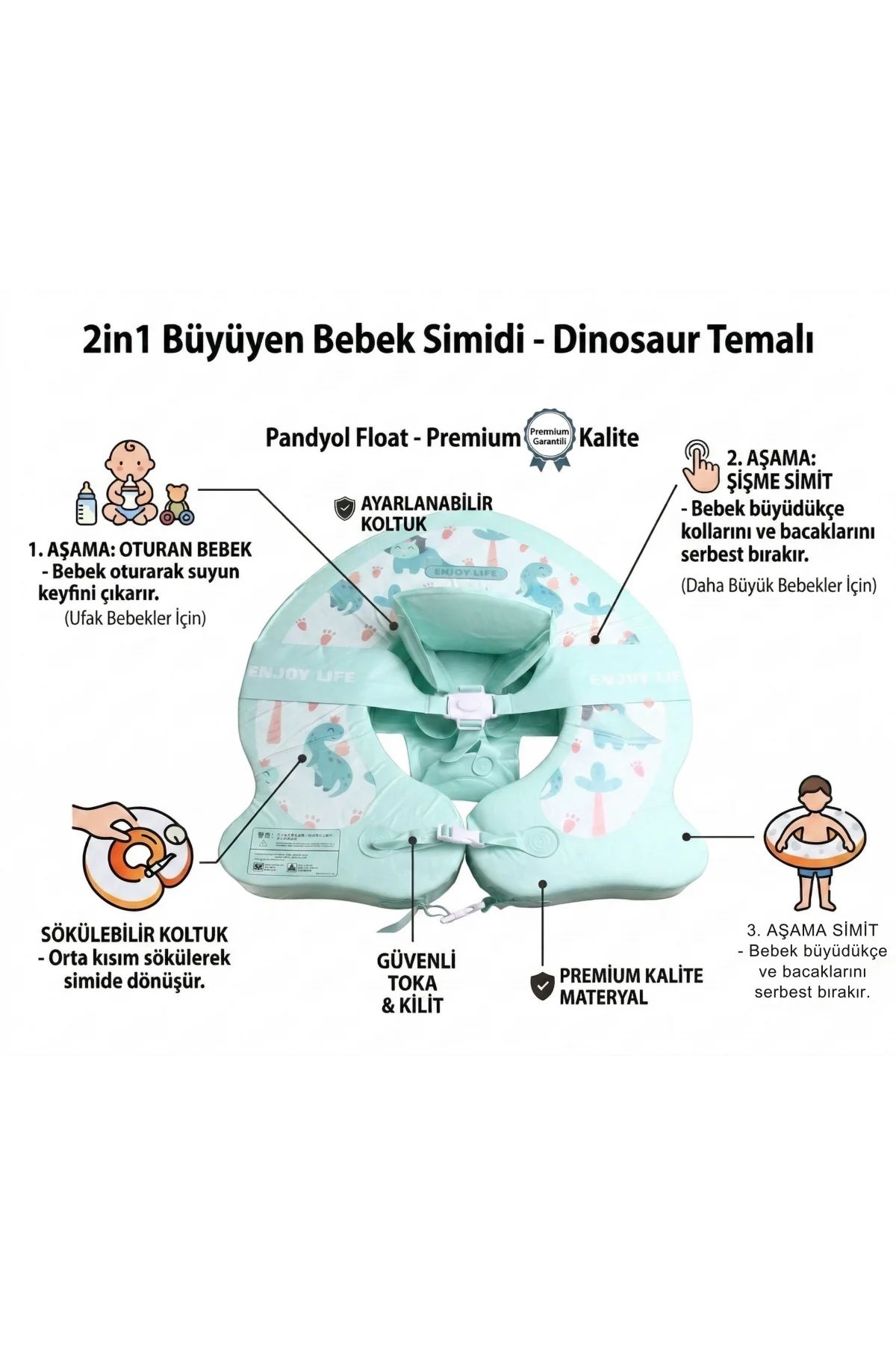Dinozor Temalı 2 in1 Büyüyen Bebek Simidi - Sökülebilir Oturaklı & Fonksiyonel Deniz Simidi