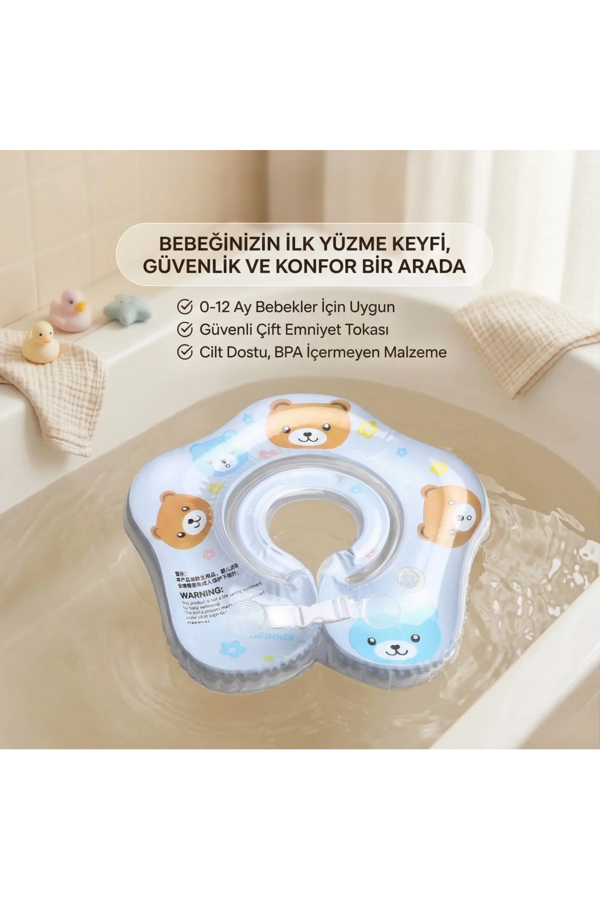 Bebek Boyun Simidi Ayıcık Figürlü Şeffaf Çift Emniyet Kilitli Mavi