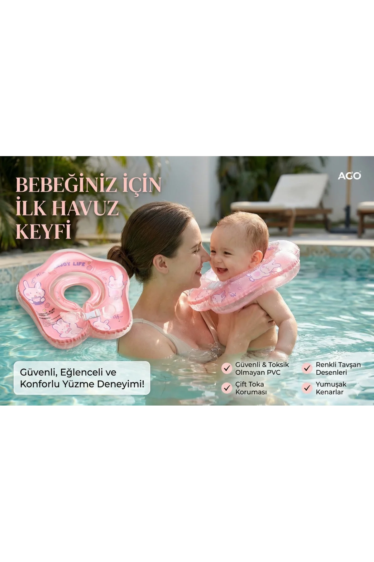 Bebek Yüzme Simidi - Güvenli Çift Tokalı Bebek Deniz & Havuz Simidi - Pembe Tavşan Figürlü