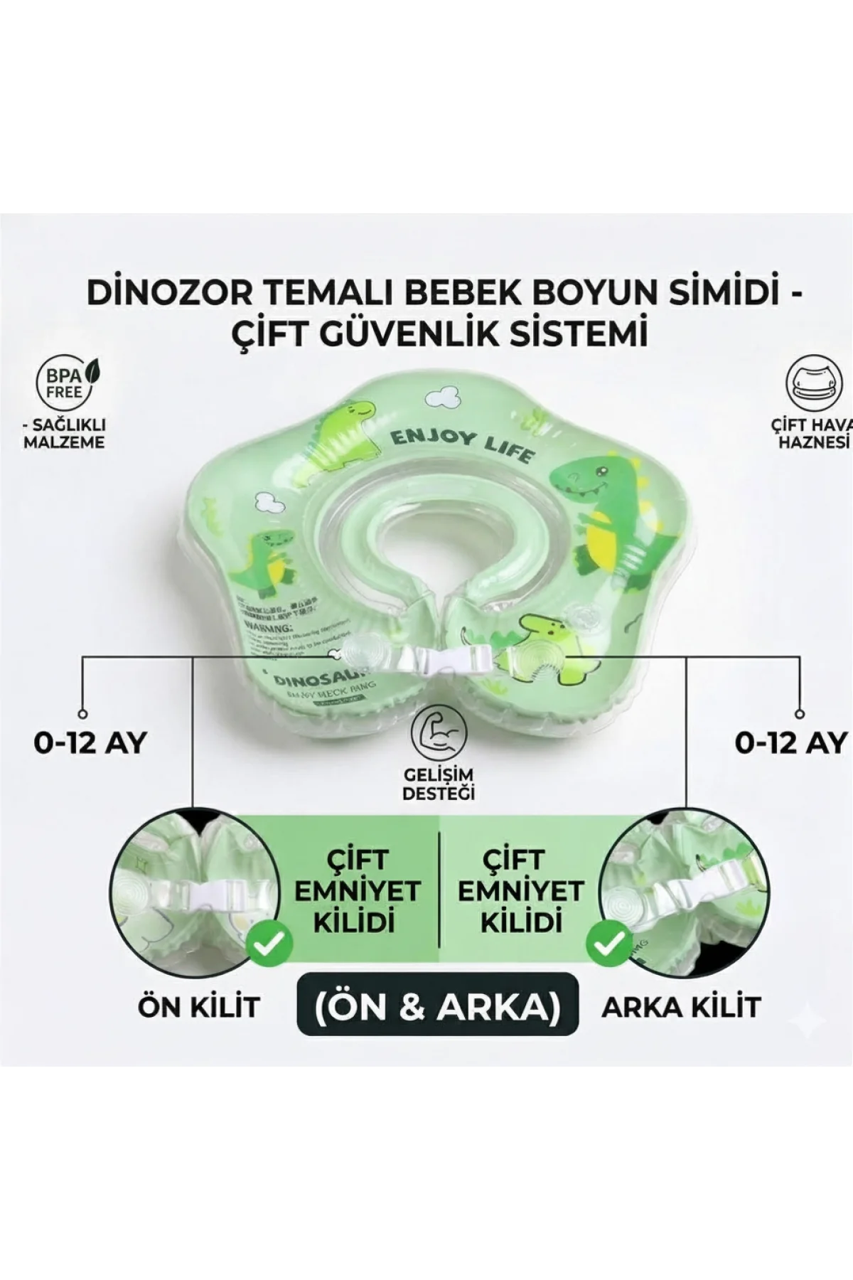 Bebek Simidi Çift Emniyet Kilitli Dinosaur Yüzme Simidi, Anti-Panik Bebek Havuz & Deniz Simidi (Yeşil)
