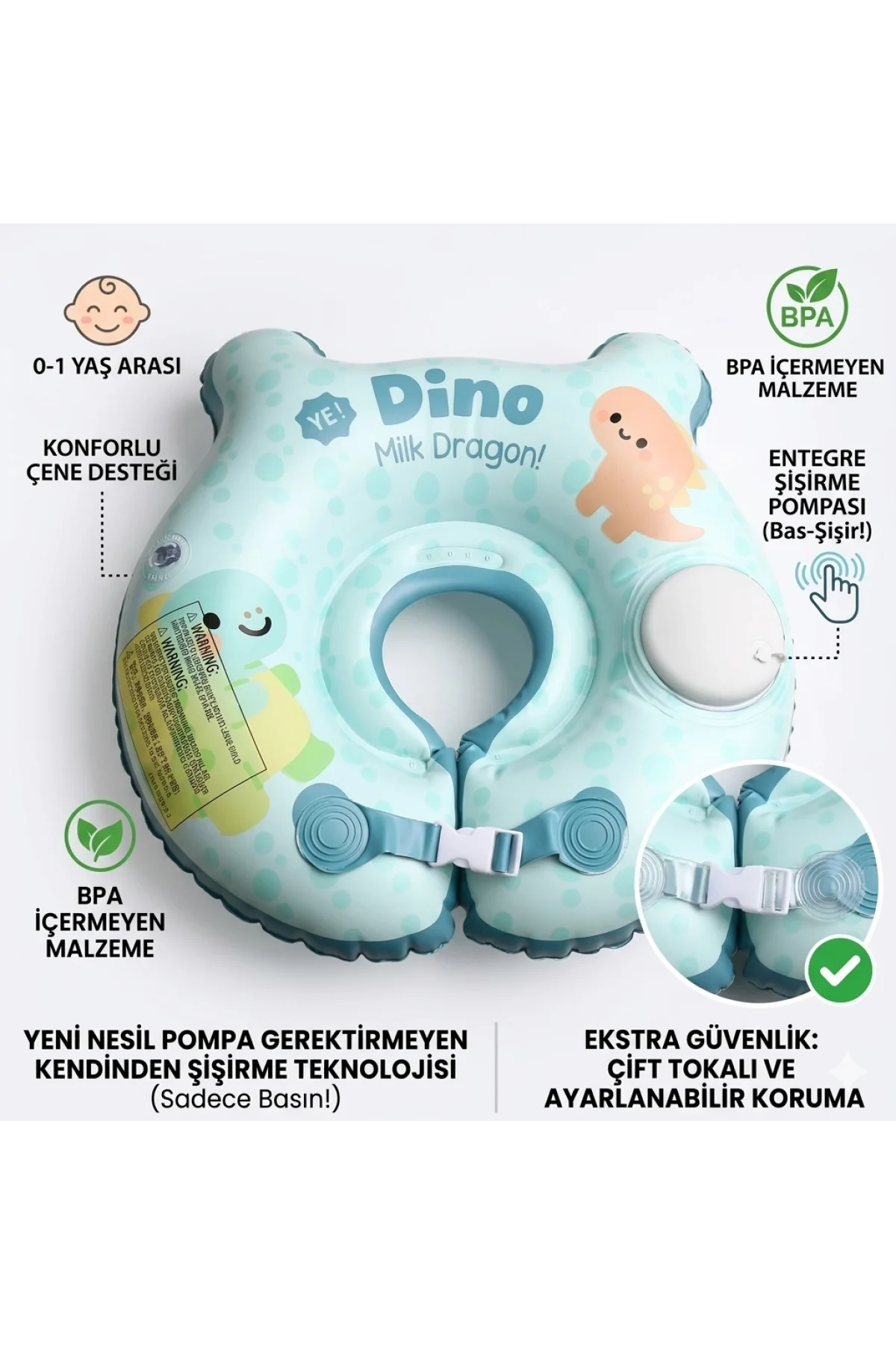 Bebek Yüzme Simidi Bas Şişir Pratik 0-1 Yaş Çift Emniyet Kilitli Mavi Dino Simit
