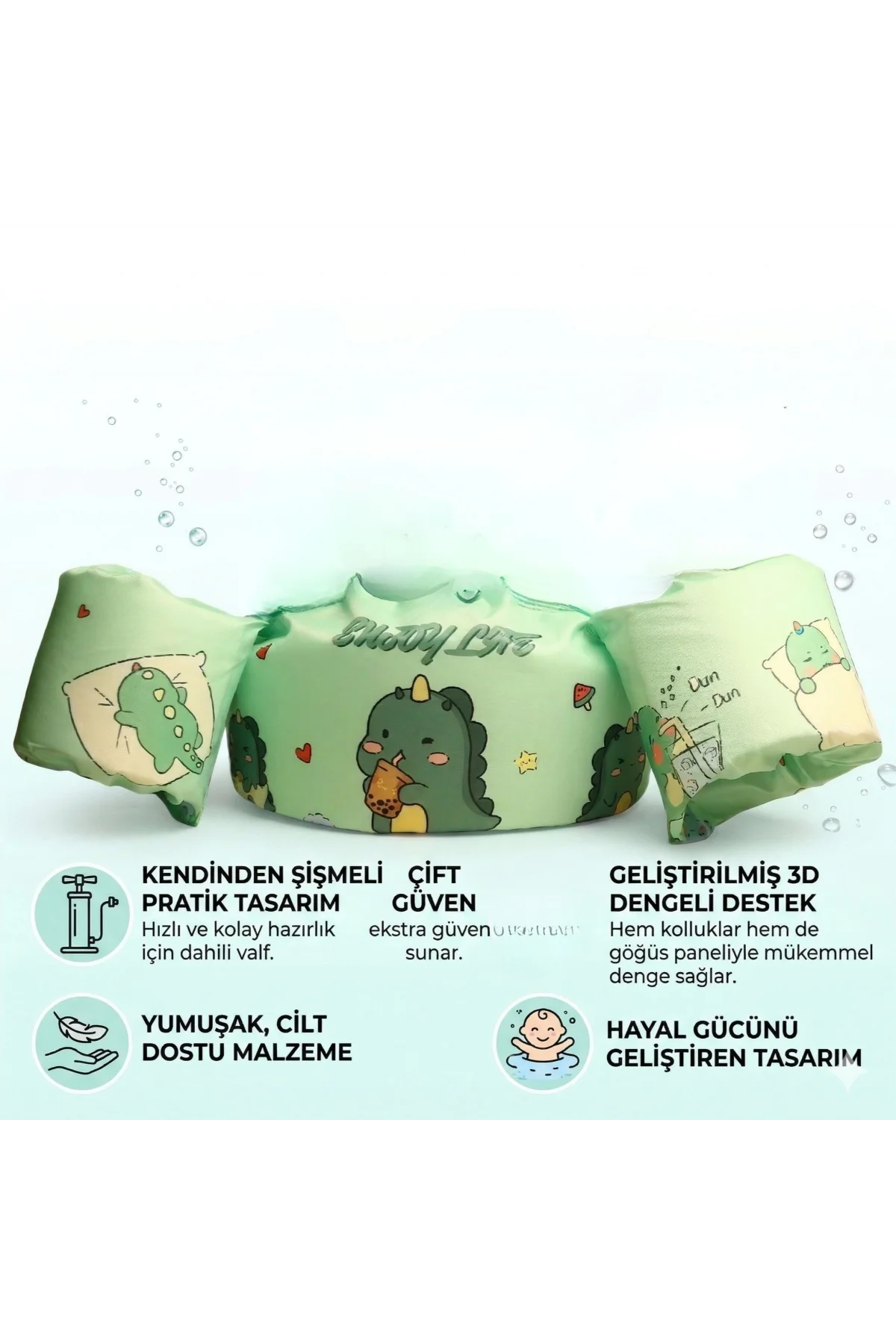 Çocuk Kollu Can Yeleği Emniyet Kilitli Gövde Destekli Yüzme Yardımcısı Dinozor Desenli