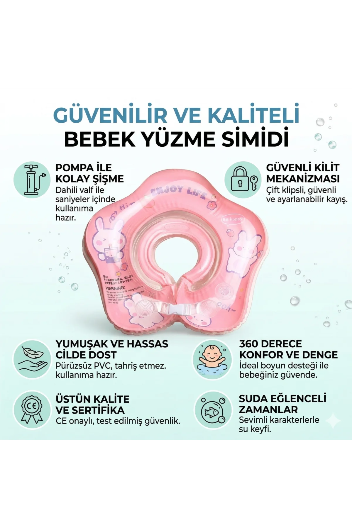 Bebek Yüzme Simidi - Güvenli Çift Tokalı Bebek Deniz & Havuz Simidi - Pembe Tavşan Figürlü