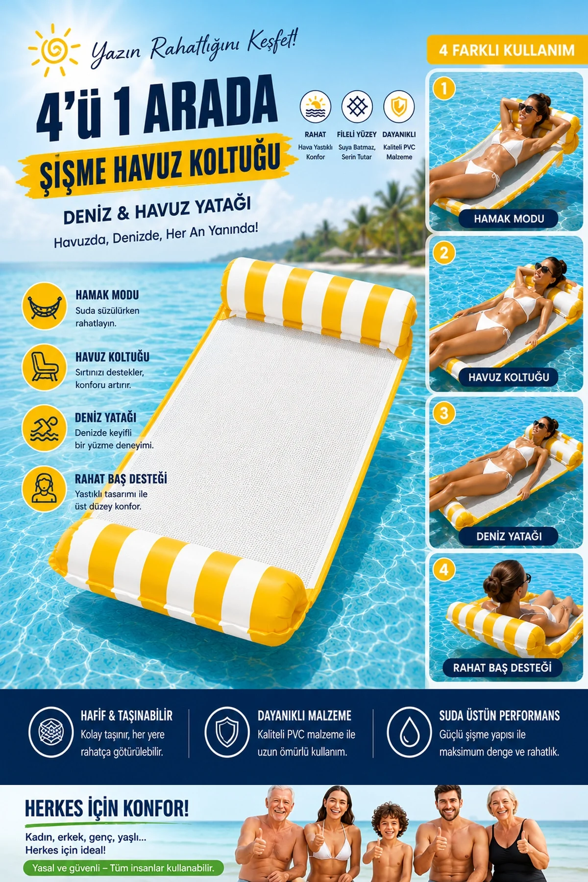 Hava Yastıklı Fileli Şişme Havuz Koltuğu 4ü 1 Arada Deniz ve Havuz Yatağı Sarı