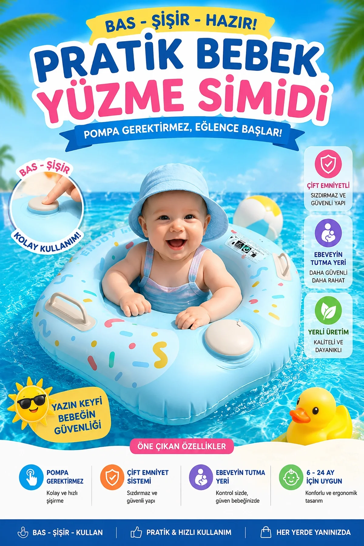 Bas Şişir Pratik Bebek Yüzme Simidi Pompa Gerektirmeyen Ebeveyn Tutma Yerli Çift Emniyetli Mavi Simit