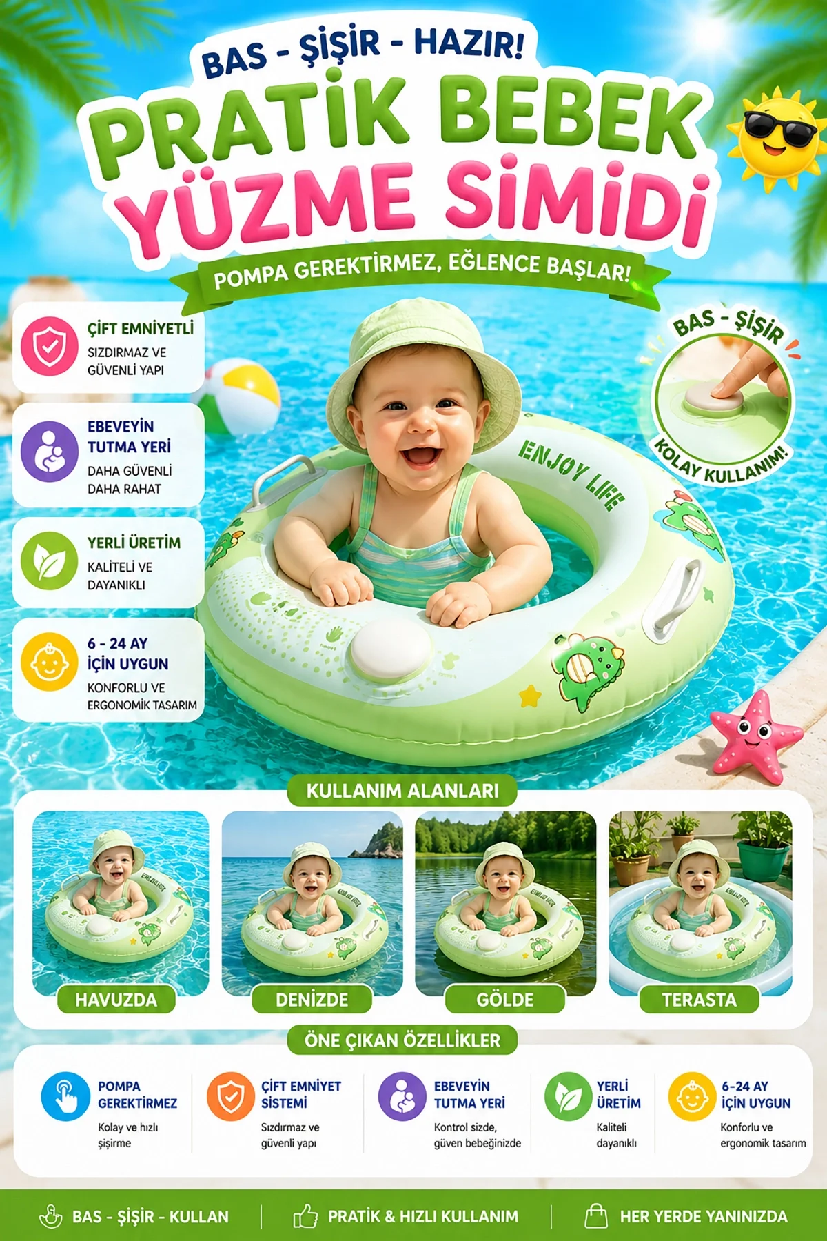 Bas Şişir Pratik Bebek Yüzme Simidi Pompa Gerektirmeyen Ebeveyn Tutma Yerli Çift Emniyetli Yeşil Simit