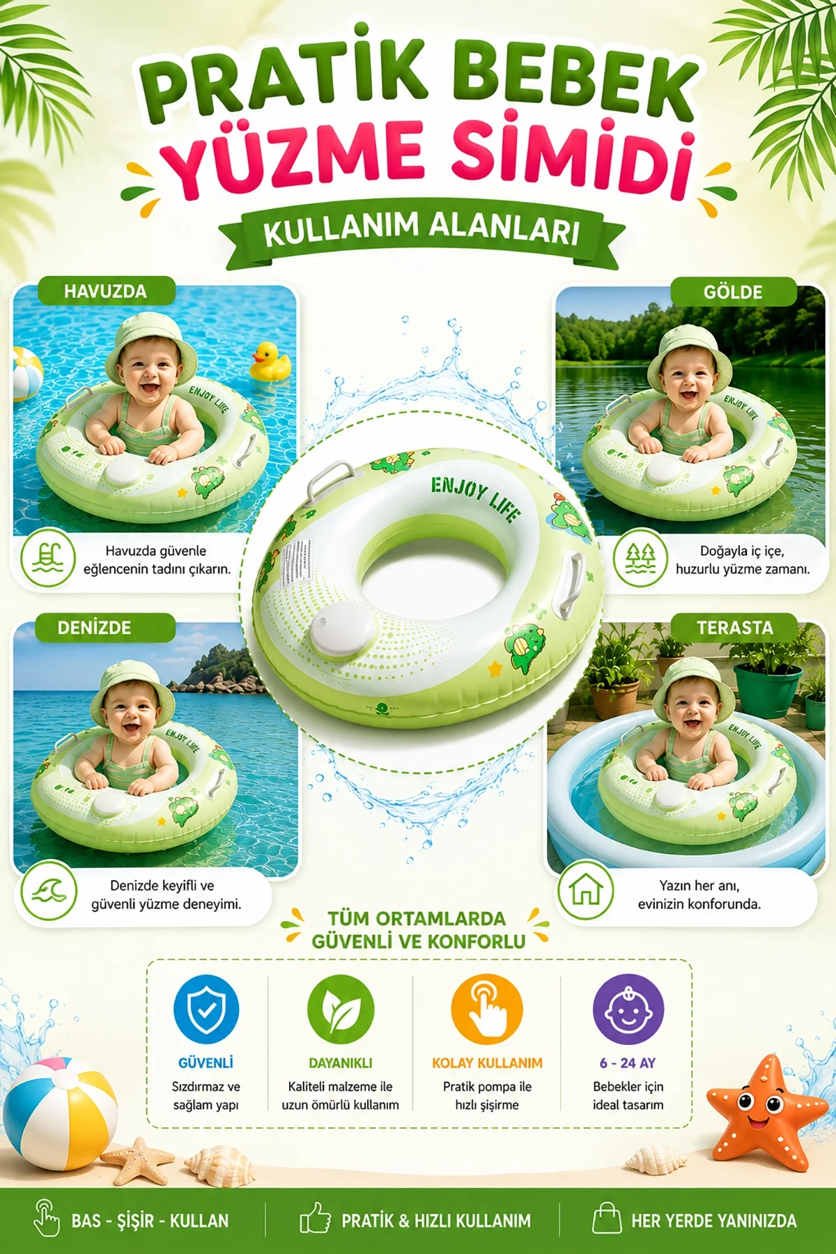 Bas Şişir Pratik Bebek Yüzme Simidi Pompa Gerektirmeyen Ebeveyn Tutma Yerli Çift Emniyetli Yeşil Simit