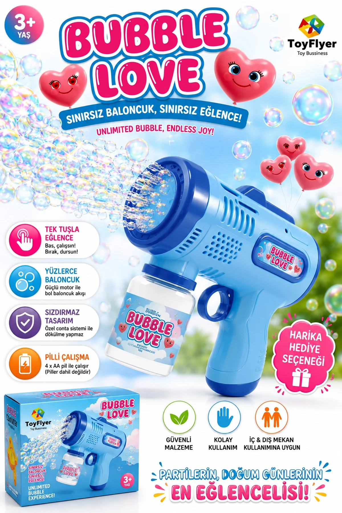 Otomatik Baloncuk Makinesi Pilli Köpük Tabancası - 2026 Model Sızdırmaz Tasarım Bubble Gun - Çocuk Doğum Günü Hediyesi Mavi