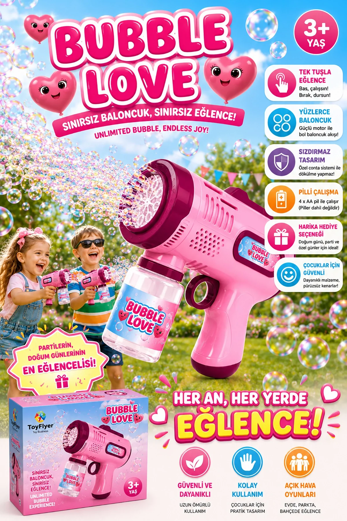 Otomatik Baloncuk Makinesi Pilli Köpük Tabancası 2026 Model Sızdırmaz Tasarım Bubble Gun - Çocuk Doğum Günü Hediyesi