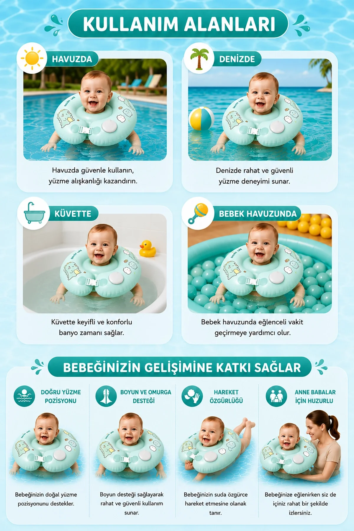 Kendinden Pompalı Bebek Yüzme Simidi - Pompa Gerektirmeyen Yeni Nesil 0-12 Ay Bebek Simidi, Çift Emniyet Tokalı Güvenli Tasarım (Dinozor Yeşil)
