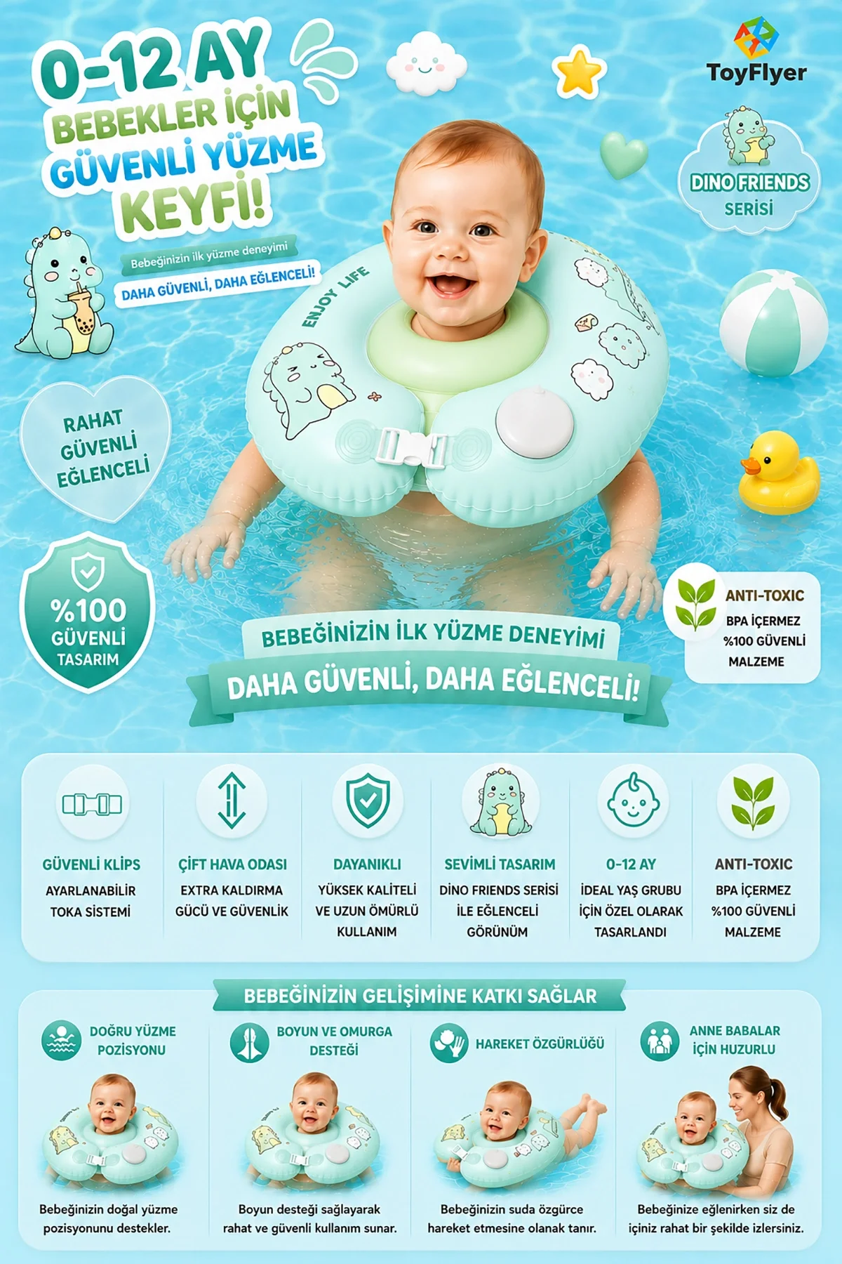 Kendinden Pompalı Bebek Yüzme Simidi - Pompa Gerektirmeyen Yeni Nesil 0-12 Ay Bebek Simidi, Çift Emniyet Tokalı Güvenli Tasarım (Dinozor Yeşil)