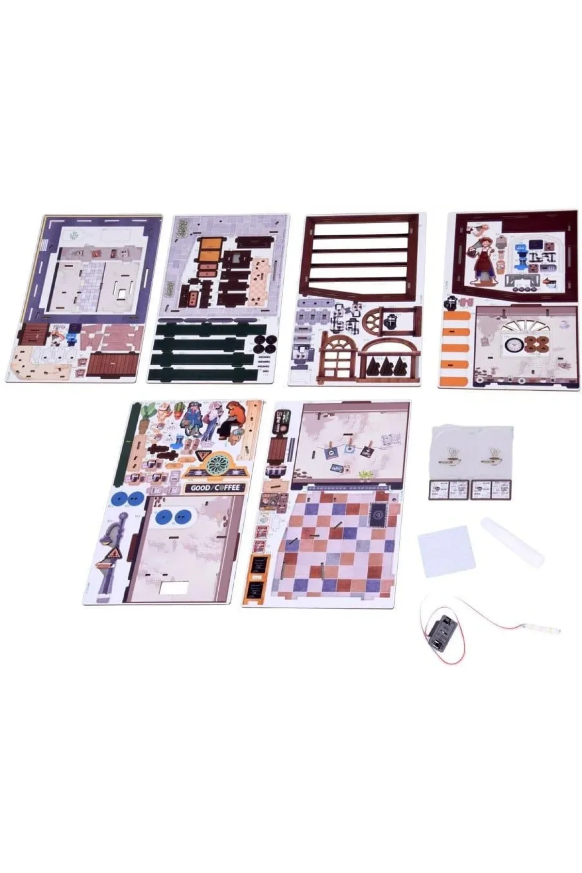 3D Puzzle Ahşap Minyatür Maket Kiti DIY Kendin Yap Kahve Dükkanı Işıklı