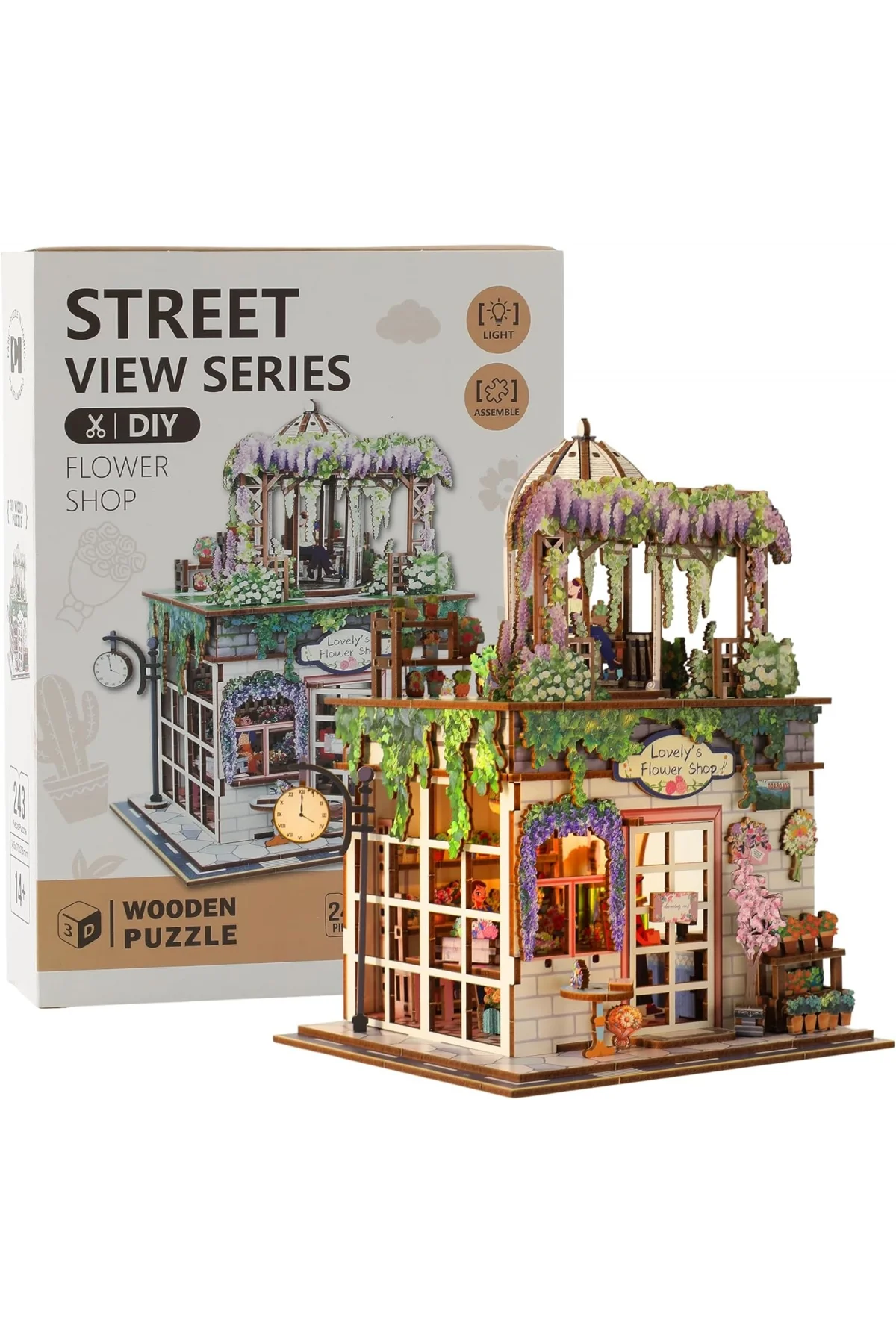 3D Puzzle Ahşap Minyatür Maket Kiti DIY Kendin Yap Çiçek Dükkanı Işıklı 243 Parça
