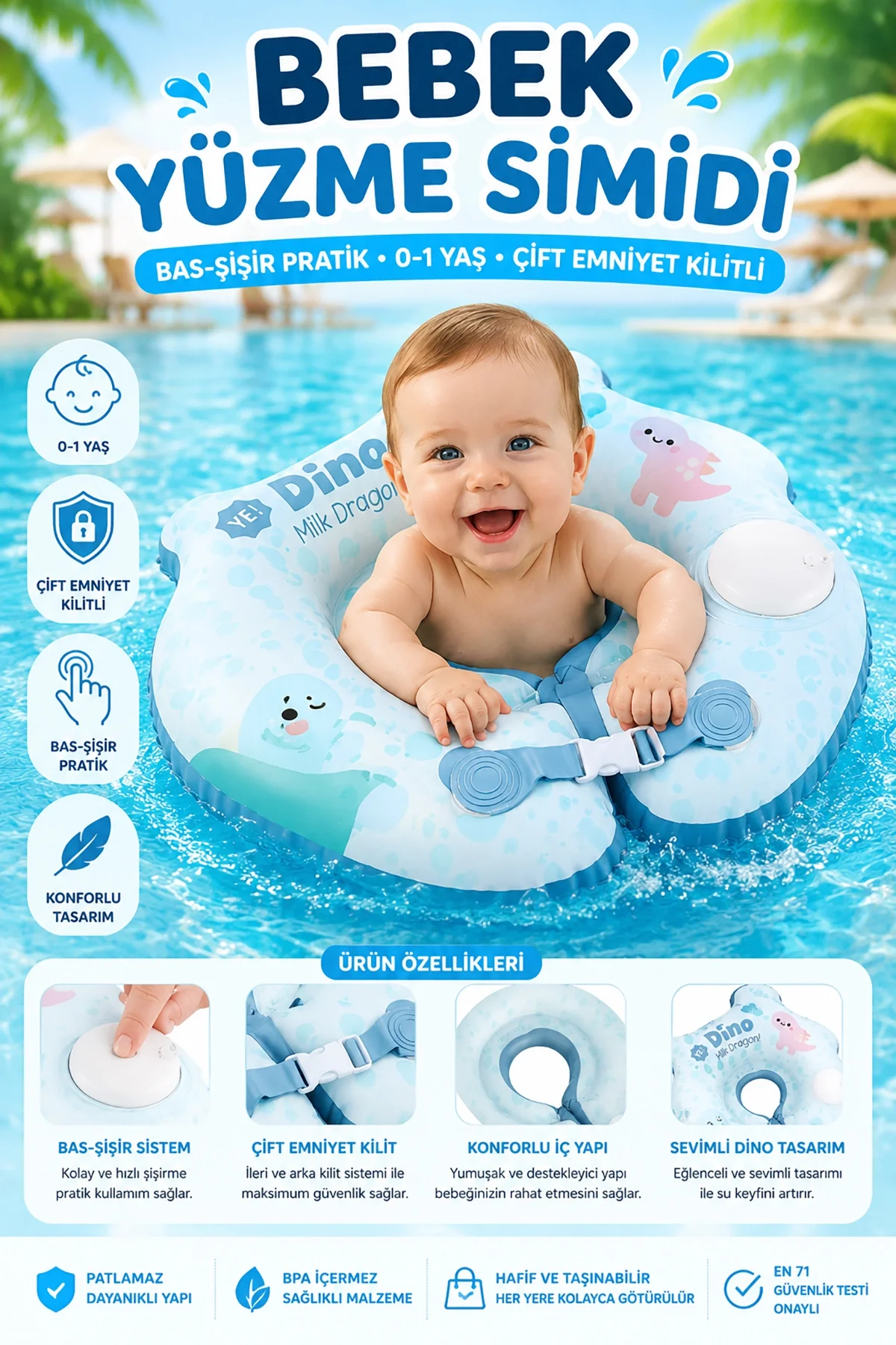Bebek Boyun Yüzme Simidi Bas Şişir Pratik 0-1 Yaş Çift Emniyet Kilitli Mavi Dino Simit NR014