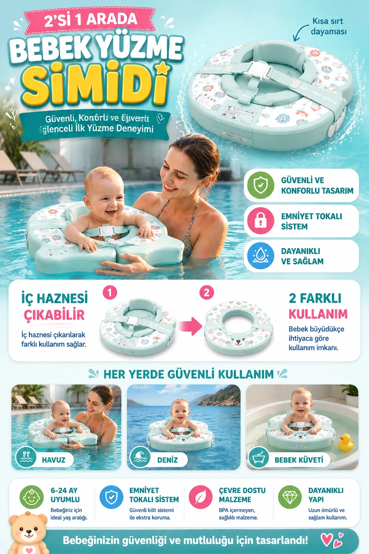 Bebek Simidi Sökülebilir Oturaklı & Fonksiyonel Dinozor Temalı 2 in1 Büyüyen-Deniz Simidi LD003