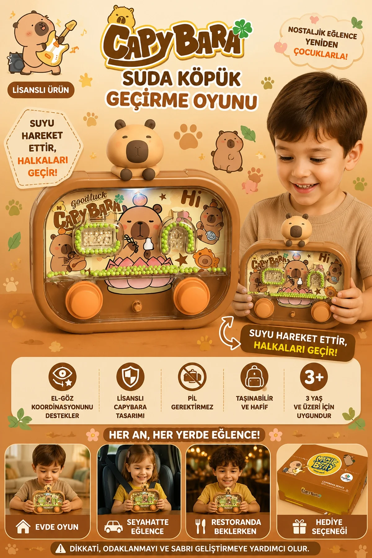 Halka Geçirme Oyunu Capybara Suda Nostaljik Işıklı Water Game Hediyelik Oyuncak Pembe 2586BC-CBKahve