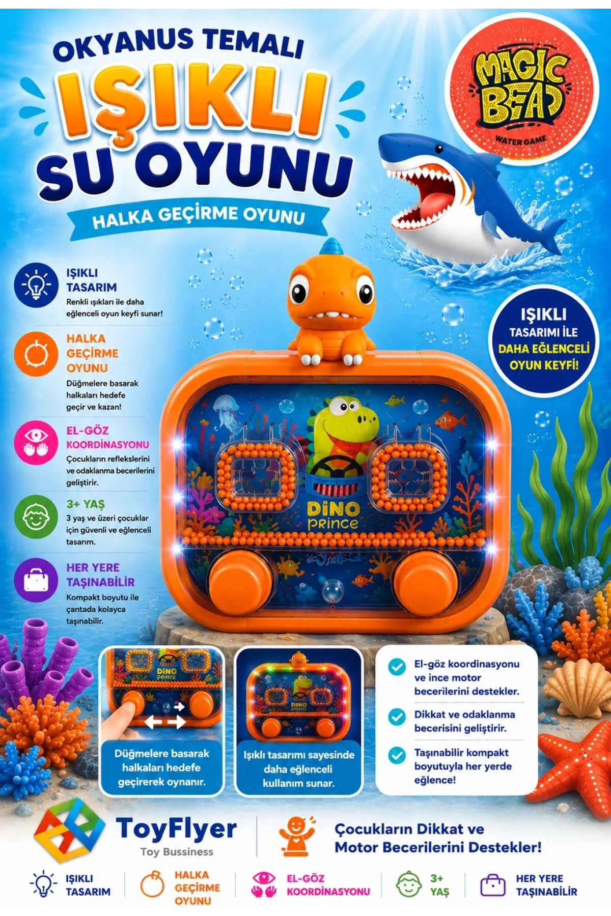Su Oyunu (Water Game) Çocuklar İçin Eğlenceli Halka Geçirme Işıklı Dinazor Modelleri 2586BC-L12Turuncu