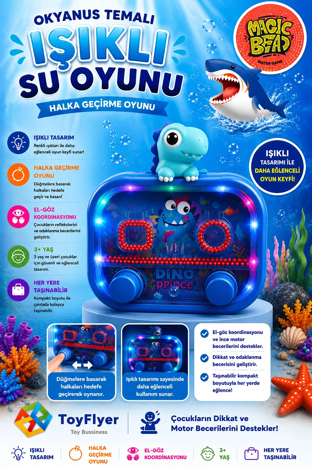 Su Oyunu (Water Game) Çocuklar İçin Eğlenceli Halka Geçirme Işıklı Dinazor Modelleri 2586BC-L12Lacivert