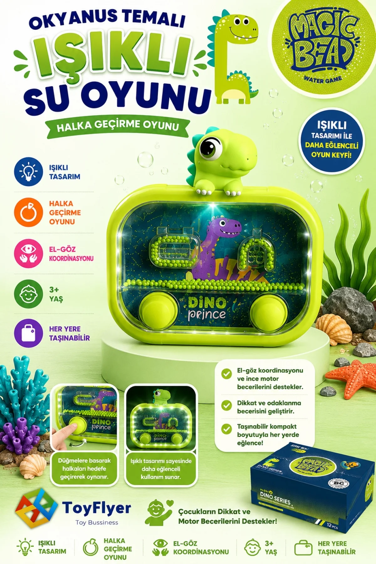 Su Oyunu (Water Game) Çocuklar İçin – Eğlenceli Halka Geçirme Işıklı Dinazor Modelleri 2586BC-L12Yeşil