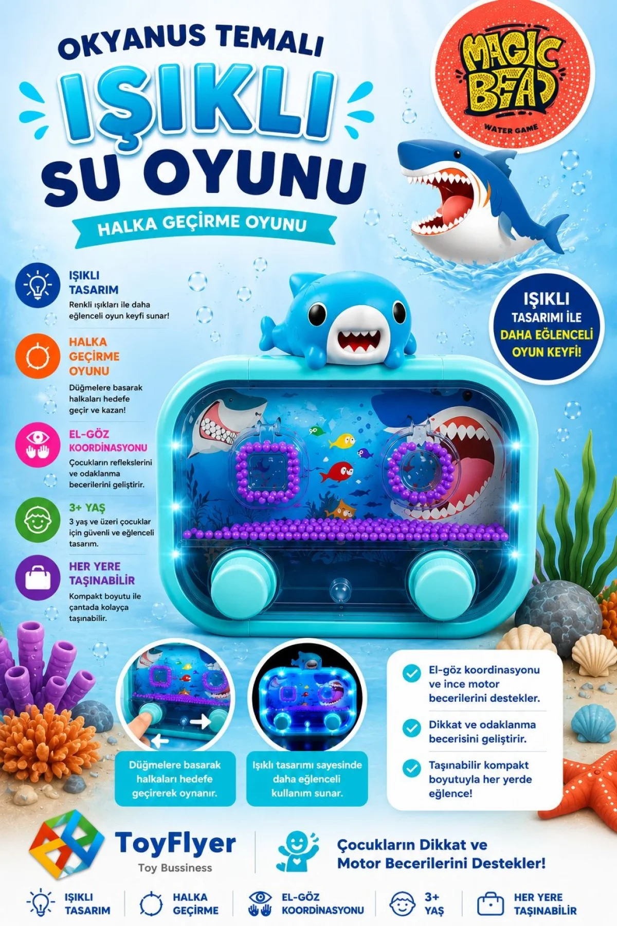 Su Oyunu (Water Game) Çocuklar İçin – Eğlenceli Halka Geçirme Işıklı Shark 2586BC-K12AçıkMaviShark