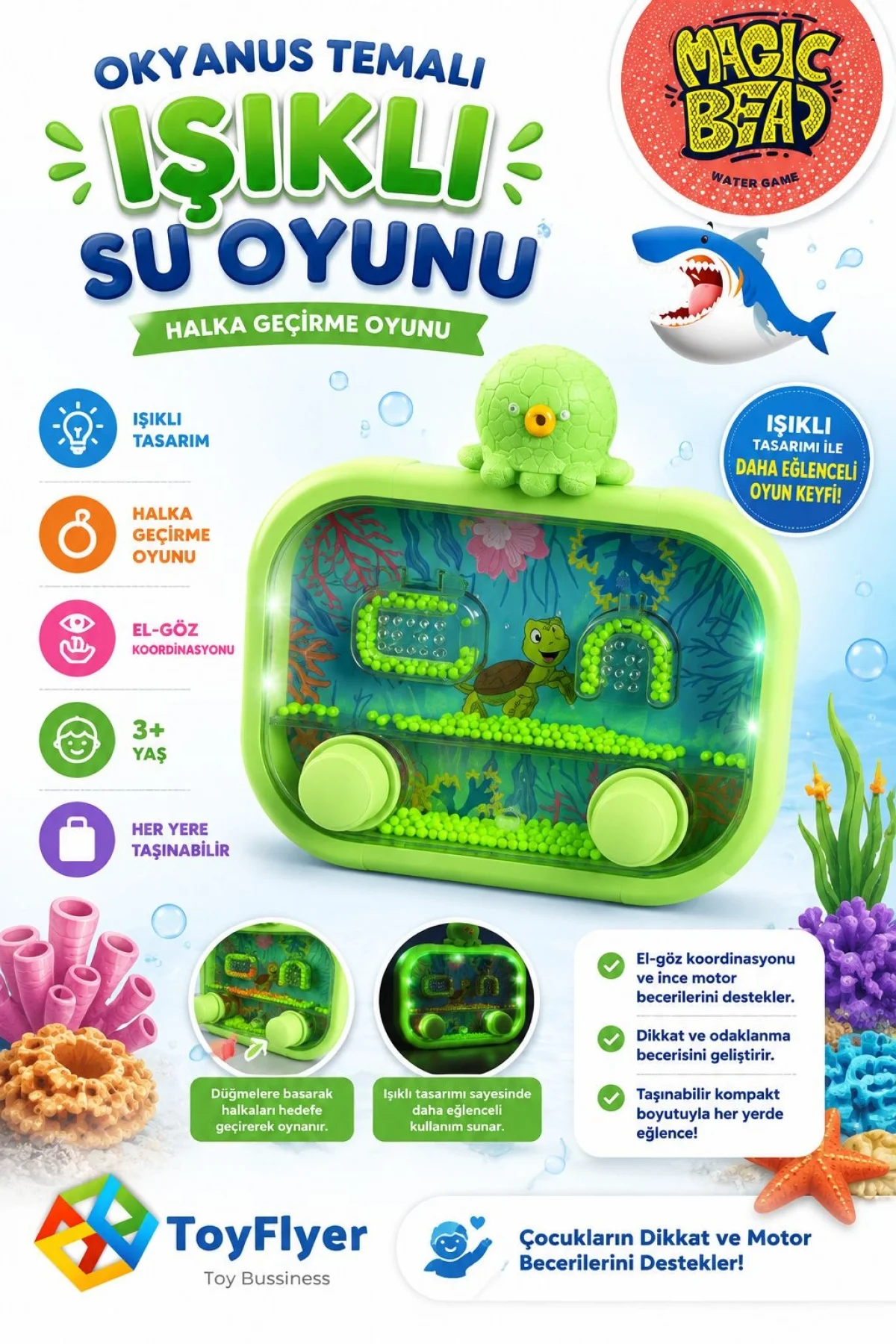 Su Oyunu (Water Game) Çocuklar İçin – Eğlenceli Halka Geçirme Işıklı Shark 2586BC-K12YeşilAht