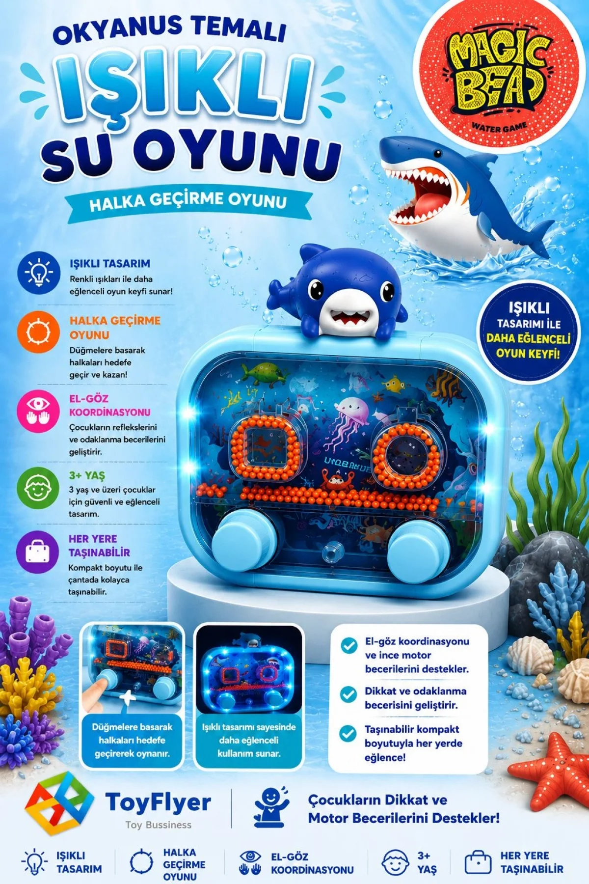 Su Oyunu (Water Game) Çocuklar İçin – Eğlenceli Halka Geçirme Işıklı Shark 2586BC-K12MaviShark