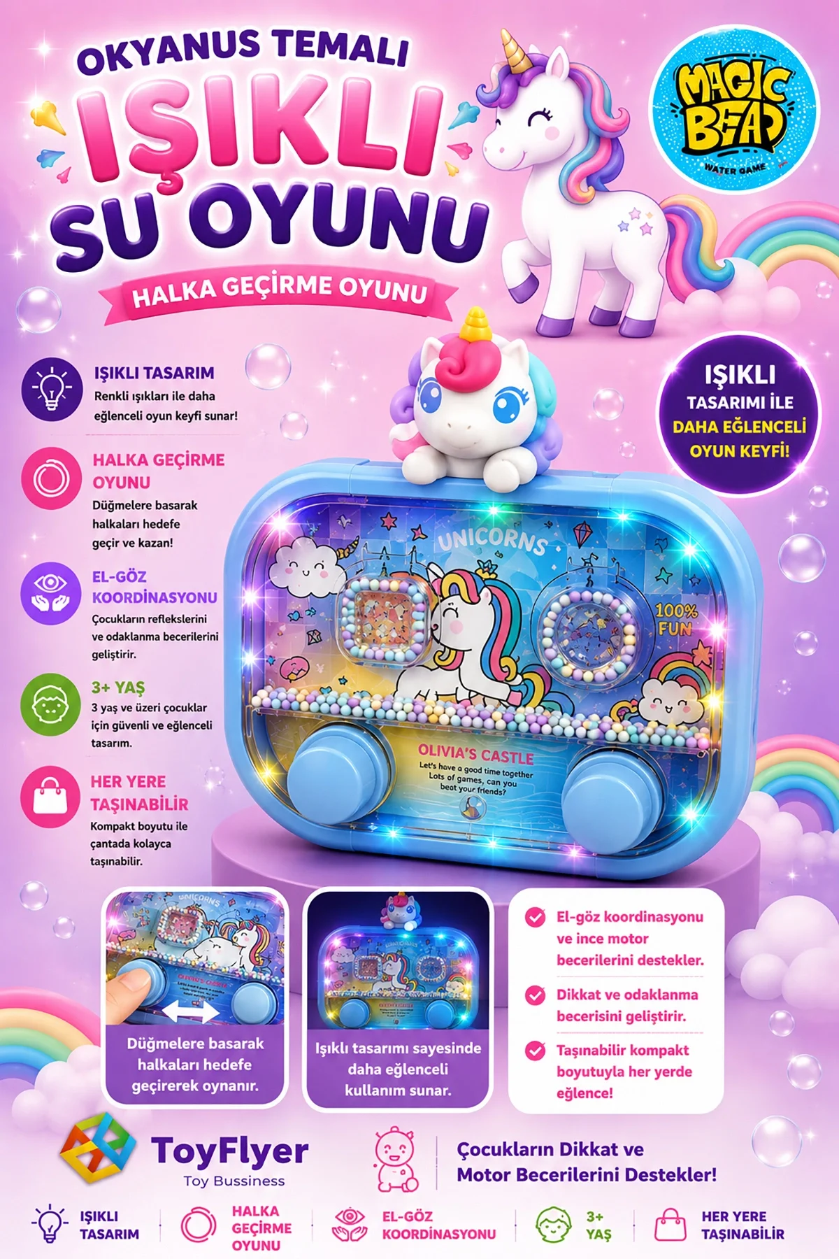 Su Oyunu (Water Game) Çocuklar İçin – Eğlenceli Halka Geçirme Işıklı Unicorn Modelleri 2586BC-F12Mavi