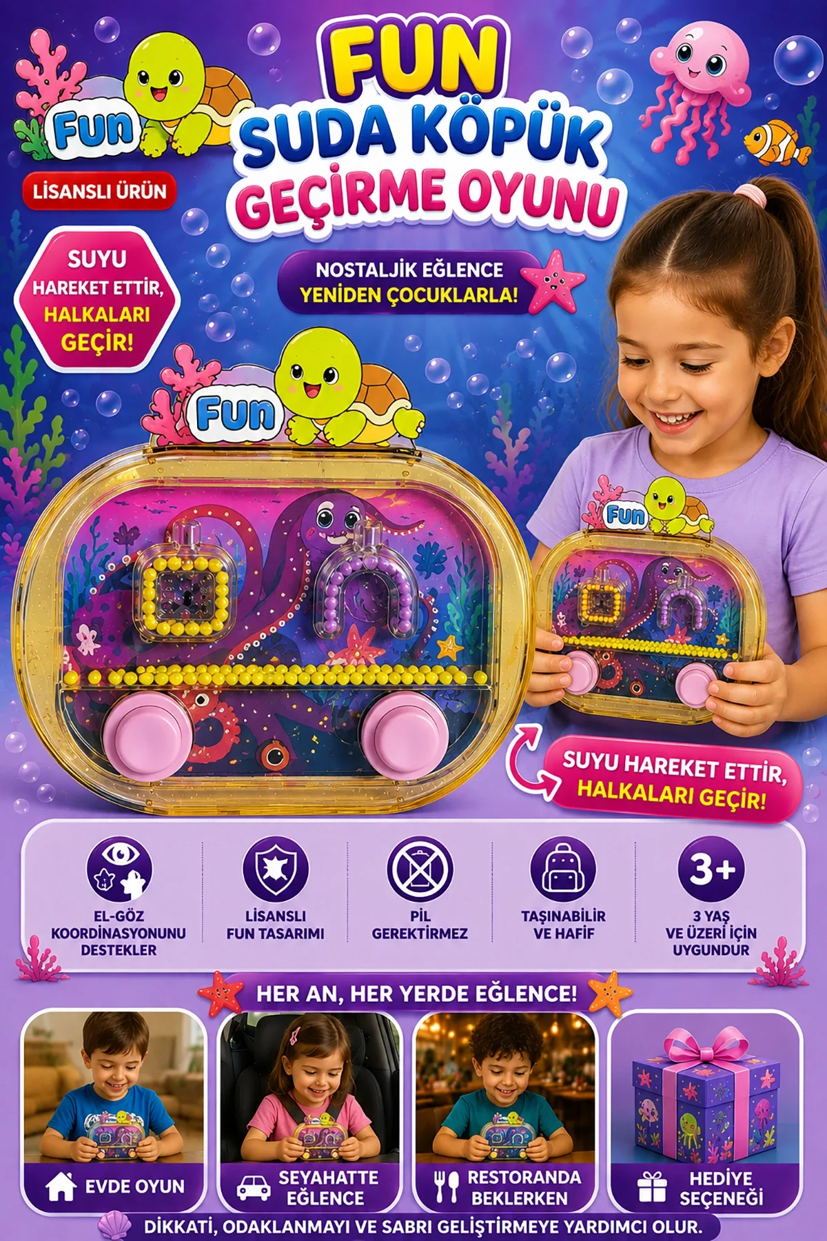 Suda Halka Köpük Geçirme Oyunu Kaplumba Nostaljik Su Oyunu 2586BL-K12sarı