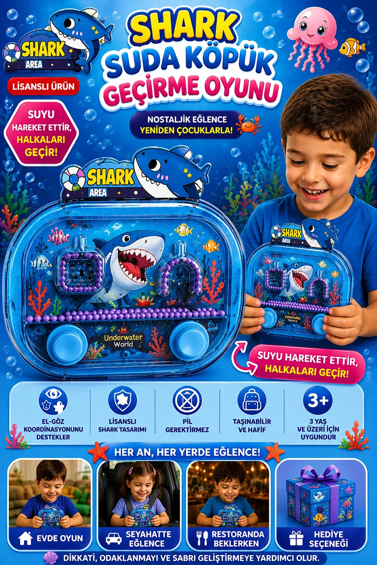 Suda Halka Köpük Geçirme Oyunu Kaplumba Nostaljik Su Oyunu 2586BL-K12MaviShark