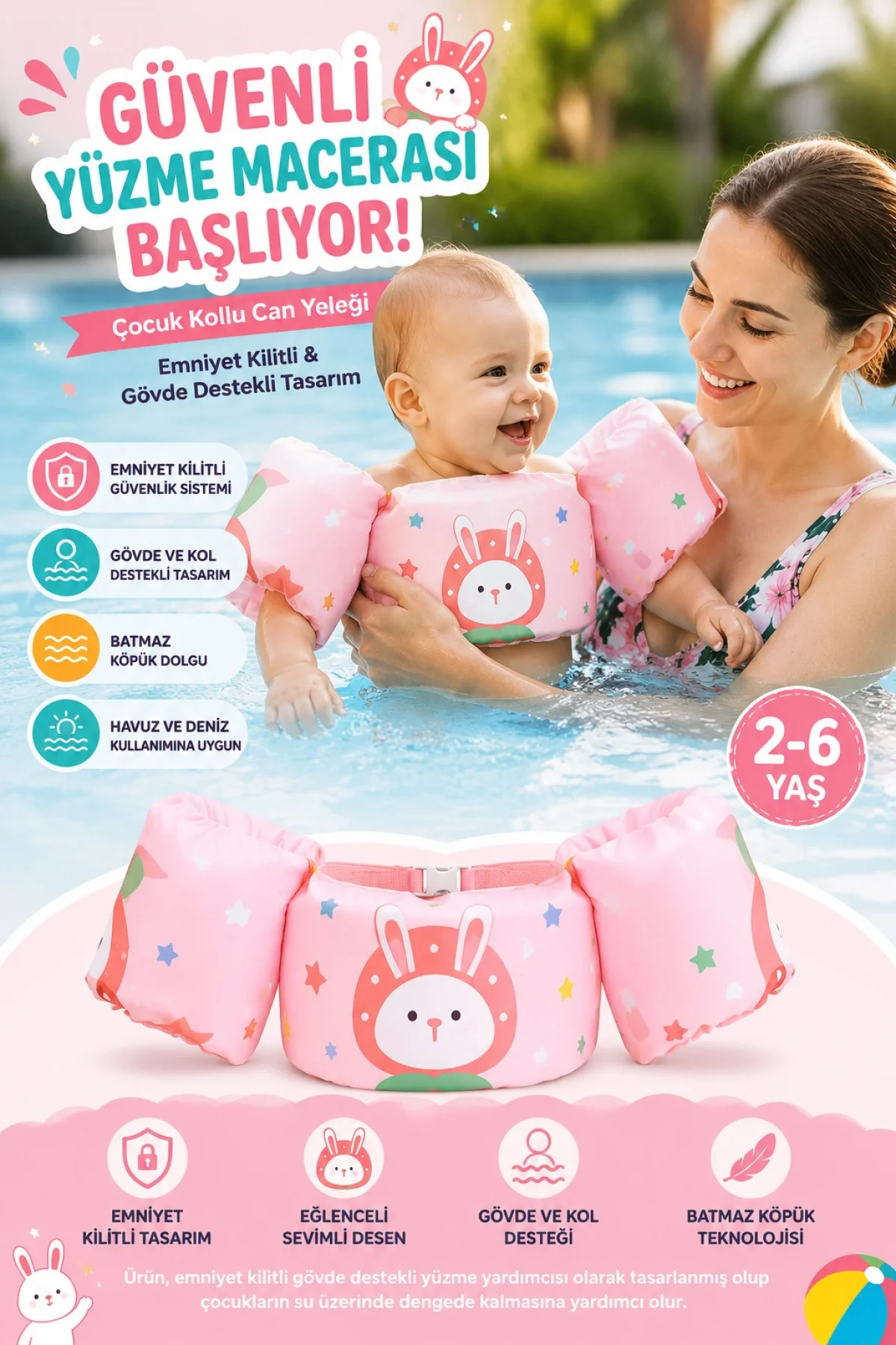 Bebek Kolluk Can Simidi Seti Tavşan Temalı - Güvenli Göğüs Destekli Batmaz Yüzme Yardımcısı FL001