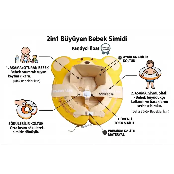 Bebek Yüzme Simidi 2si 1 Arada- İç Haznesi Çıkabilir, Güvenli ,Yeni Model- Ayıcık Desenli Sarı