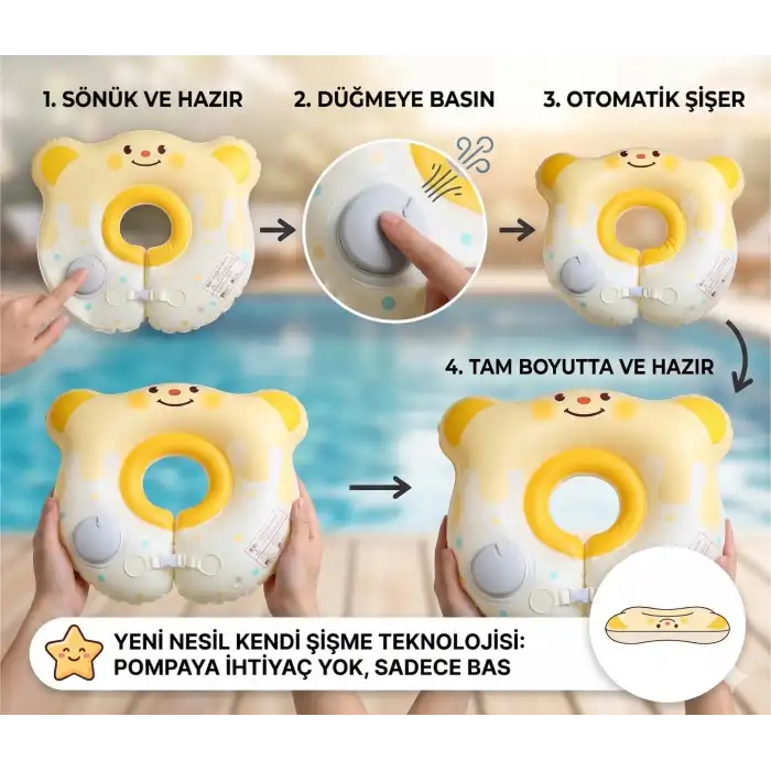 Bebek Boyunluk Can Simidi - Şişme Ayıcık Sarı - 0-18 Ay Güvenli Yüzme Yardımcısı