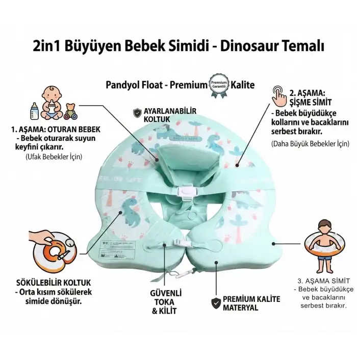 Dinozor Temalı 2 in1 Büyüyen Bebek Simidi - Sökülebilir Oturaklı & Fonksiyonel Deniz Simidi