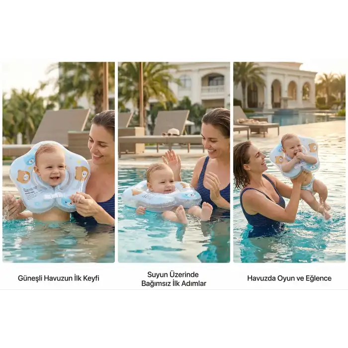 Bebek Boyun Simidi Ayıcık Figürlü Şeffaf Çift Emniyet Kilitli Mavi