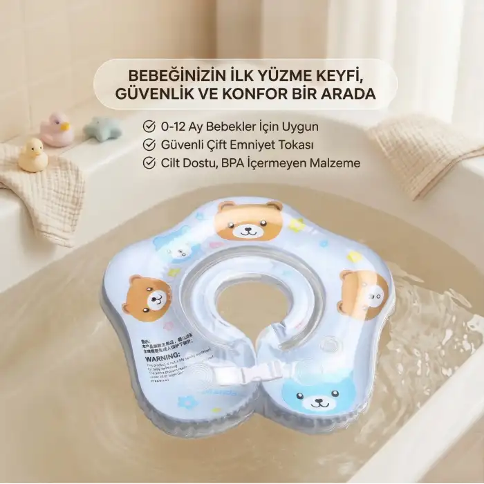 Bebek Boyun Simidi Ayıcık Figürlü Şeffaf Çift Emniyet Kilitli Mavi