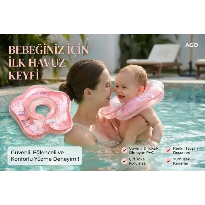 Bebek Yüzme Simidi - Güvenli Çift Tokalı Bebek Deniz & Havuz Simidi - Pembe Tavşan Figürlü