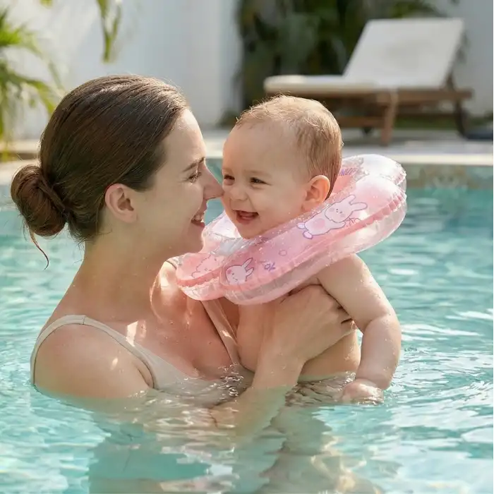 Bebek Yüzme Simidi - Güvenli Çift Tokalı Bebek Deniz & Havuz Simidi - Pembe Tavşan Figürlü