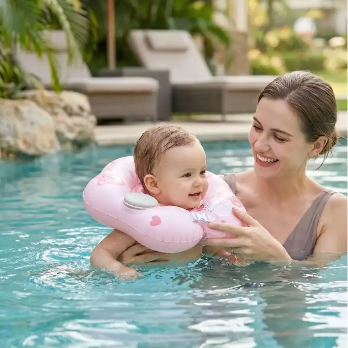 Bebek Boyun Simidi Pompa Gerektirmeyen 0-12 Ay Yüzme Simidi, Çift Tokalı Emniyet Kilitli