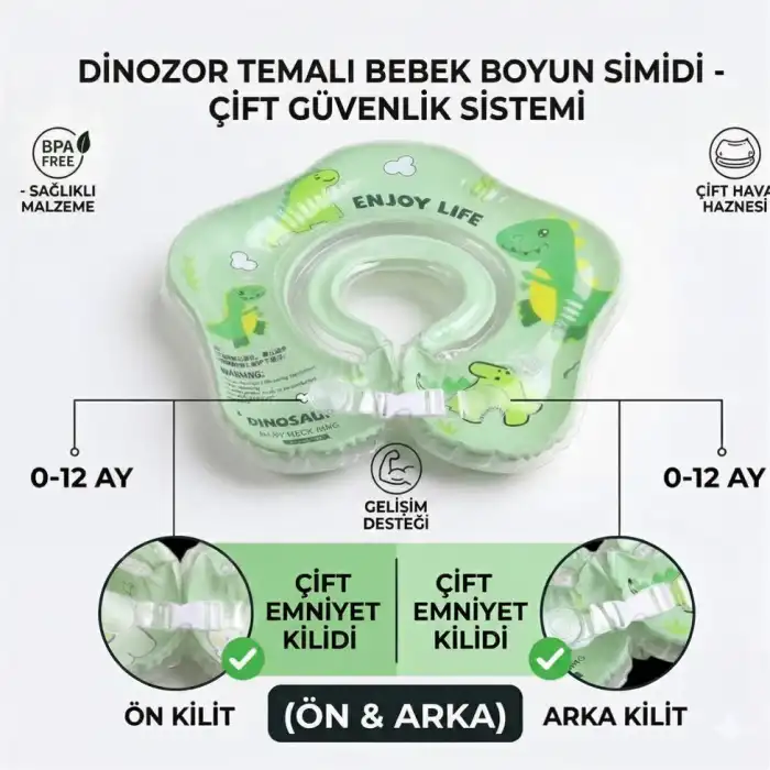 Bebek Simidi Çift Emniyet Kilitli Dinosaur Yüzme Simidi, Anti-Panik Bebek Havuz & Deniz Simidi (Yeşil)