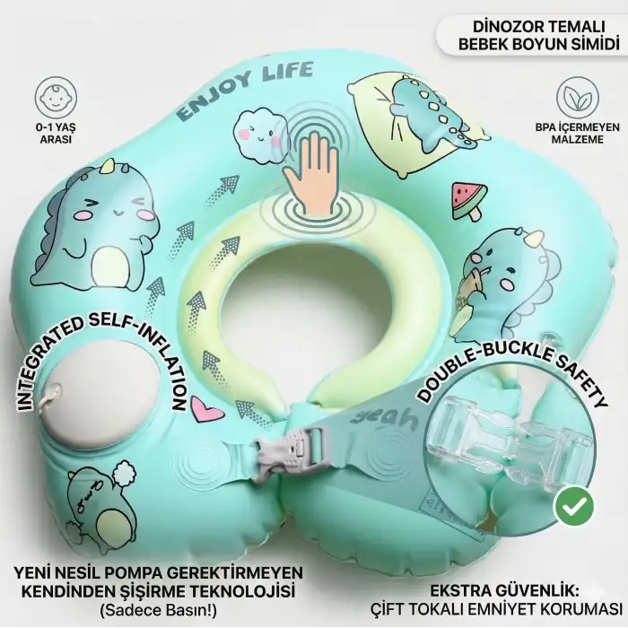 Kendinden Pompalı Bebek Yüzme Simidi - Pompa Gerektirmeyen Yeni Nesil 0-12 Ay Bebek Simidi, Çift Emniyet Tokalı Güvenli Tasarım (Dinozor Yeşil)