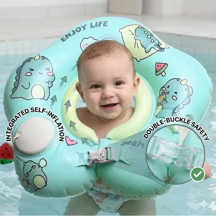 Kendinden Pompalı Bebek Yüzme Simidi - Pompa Gerektirmeyen Yeni Nesil 0-12 Ay Bebek Simidi, Çift Emniyet Tokalı Güvenli Tasarım (Dinozor Yeşil)