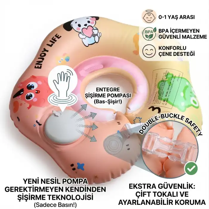 Bebek Yüzme Boyun Simidi Pompa Gerektirmeyen 0-1 Yaş Çift Emniyet Kilitli Ayarlanabilir Simit