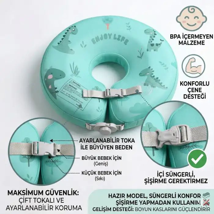 İçi Süngerli Bebek Yüzme Simidi Şişirme Gerektirmeyen Patlamaz 0-1 Yaş Çift Emniyetli Yeşil Dino Simit