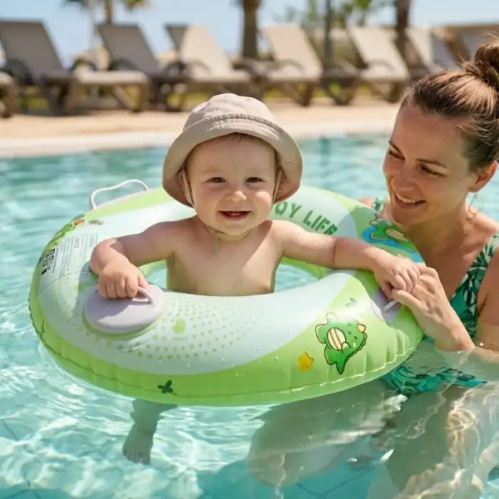 Bas Şişir Pratik Bebek Yüzme Simidi Pompa Gerektirmeyen Ebeveyn Tutma Yerli Çift Emniyetli Yeşil Simit
