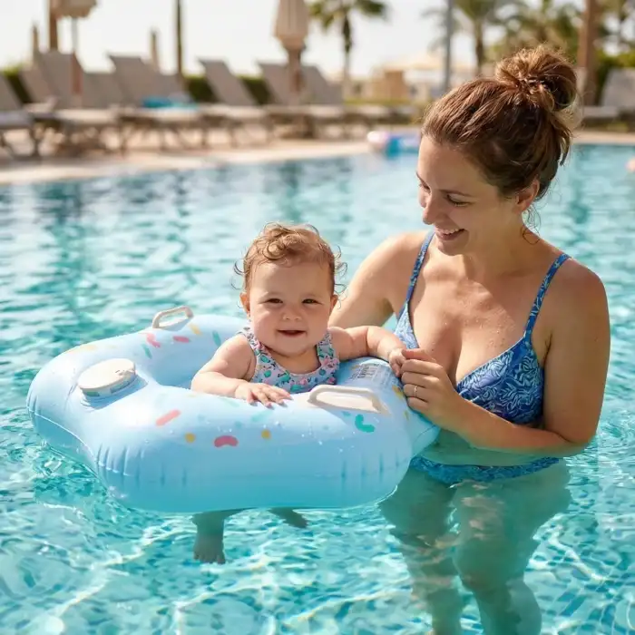 Bas Şişir Pratik Bebek Yüzme Simidi Pompa Gerektirmeyen Ebeveyn Tutma Yerli Çift Emniyetli Mavi Simit