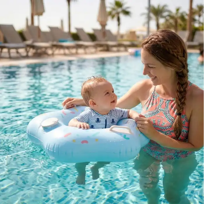 Bas Şişir Pratik Bebek Yüzme Simidi Pompa Gerektirmeyen Ebeveyn Tutma Yerli Çift Emniyetli Mavi Simit
