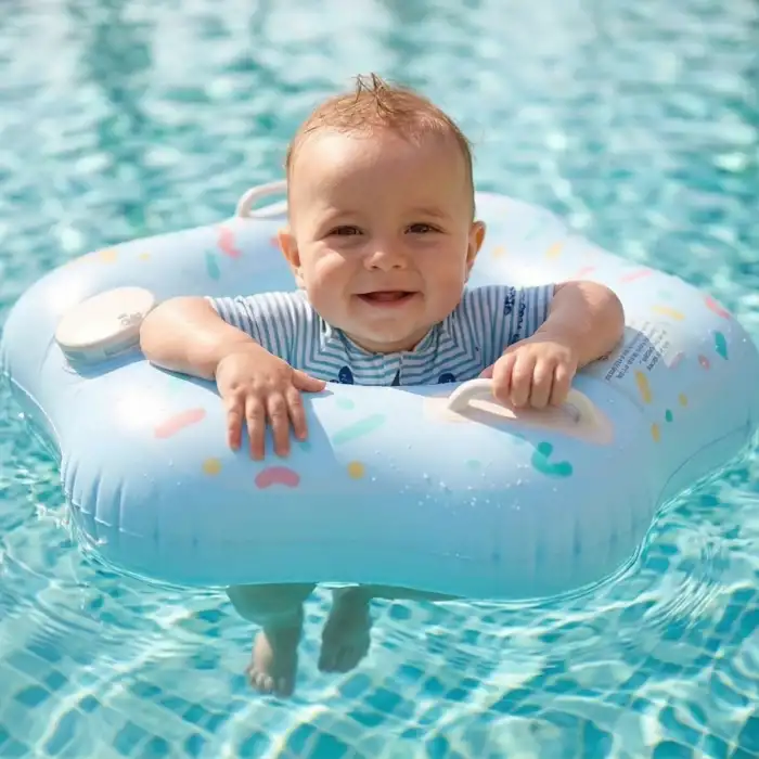 Bas Şişir Pratik Bebek Yüzme Simidi Pompa Gerektirmeyen Ebeveyn Tutma Yerli Çift Emniyetli Mavi Simit