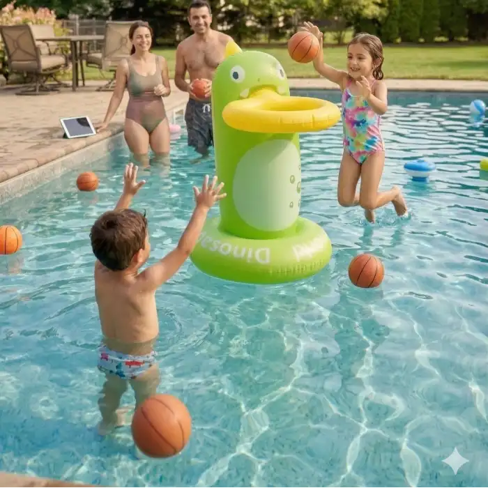 Eğlenceli Şişme Dinozor Havuz Basketbol Potası Koordinasyon Geliştirici Çocuk Su Oyuncağı